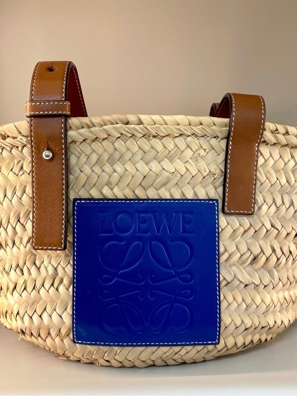 Loewe Natural Woven Basket Tote with Blue Logo Patch and Tan Straps